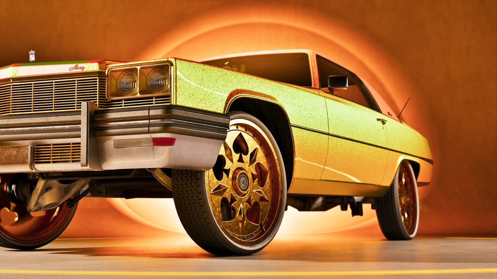 Custom car in the screenshot “Rideout Customs Mod Shop 01”, published by Rockstar.